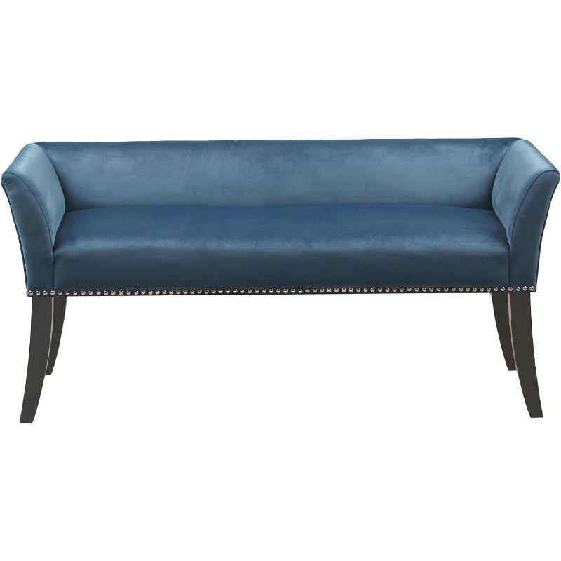 Park Blue Nailhead Trim Bench with Back, 49.5"W