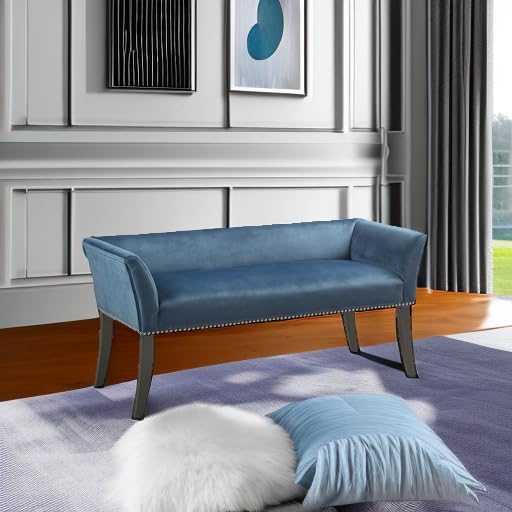 Park Blue Nailhead Trim Bench with Back, 49.5"W