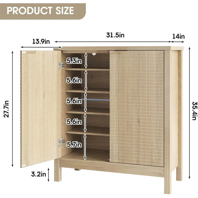 5-Tier Natural Oak Fluted Shoe Cabinet