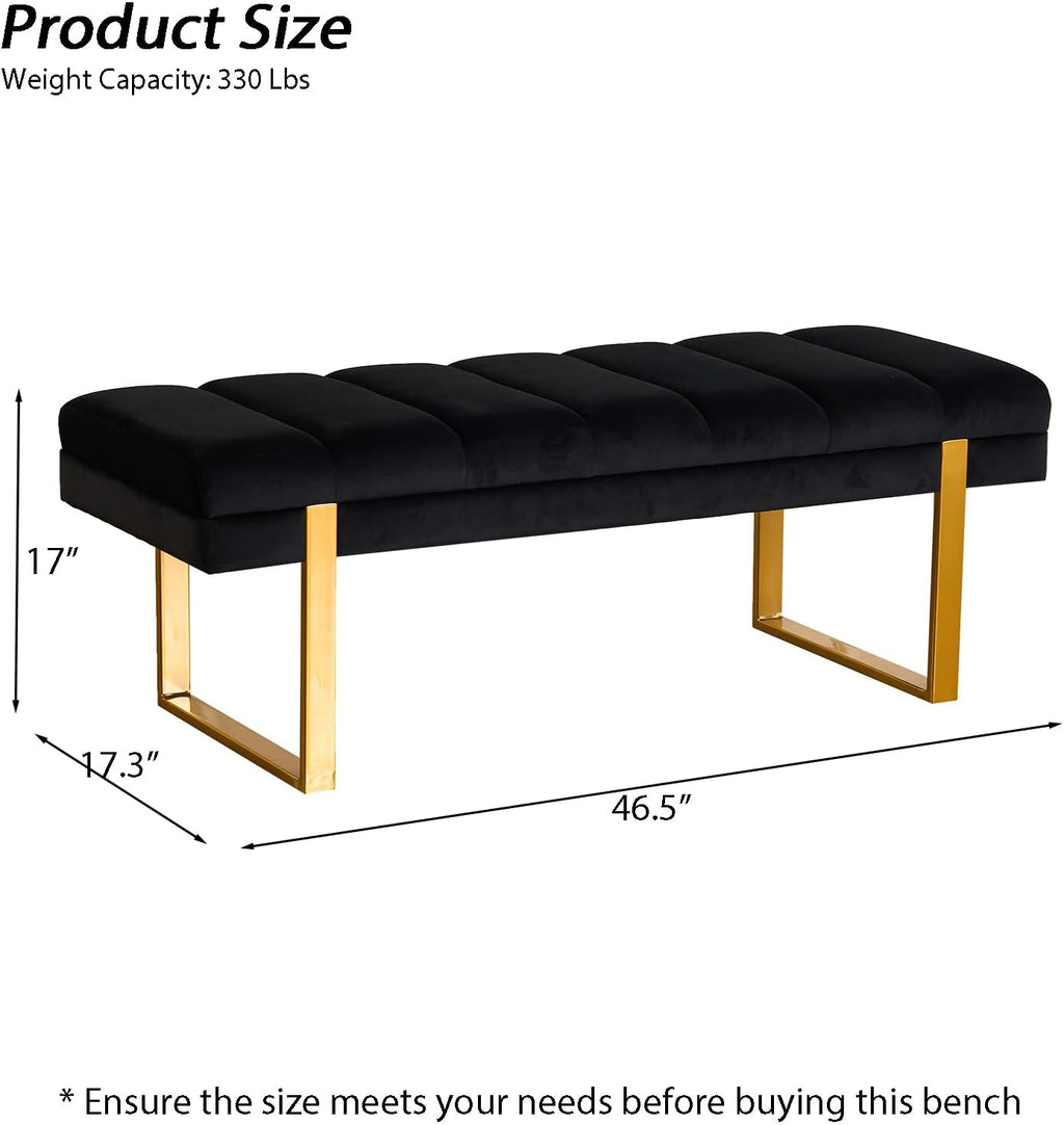 46" Black Velvet Bench with Gold Legs