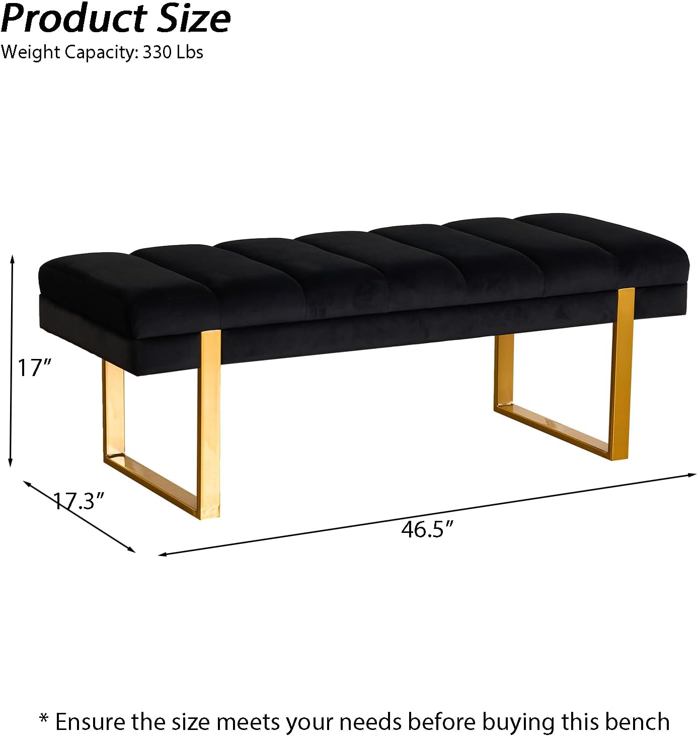 46" Black Velvet Bench with Gold Legs