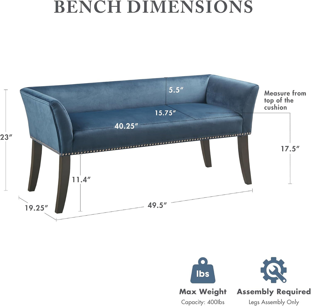 Park Blue Nailhead Trim Bench with Back, 49.5"W