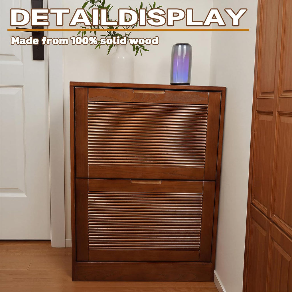 Walnut Fluted Shoe Cabinet with 2 Flip Drawers
