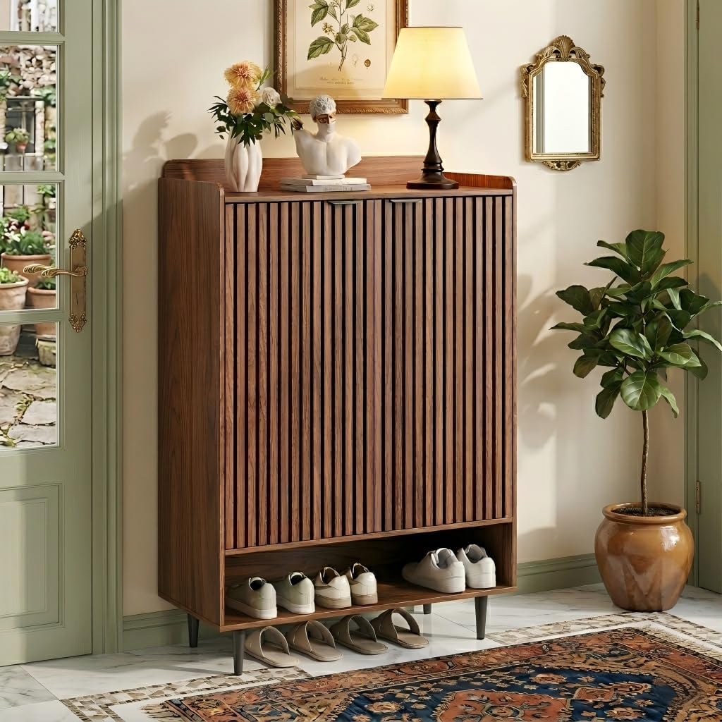 Walnut Shoe Cabinet with 2 Doors, Holds 21 Pairs