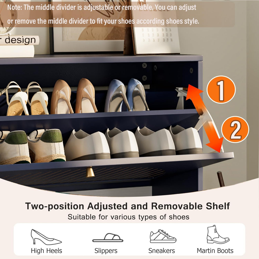 Navy Blue Shoe Cabinet with 2 Flip Drawers
