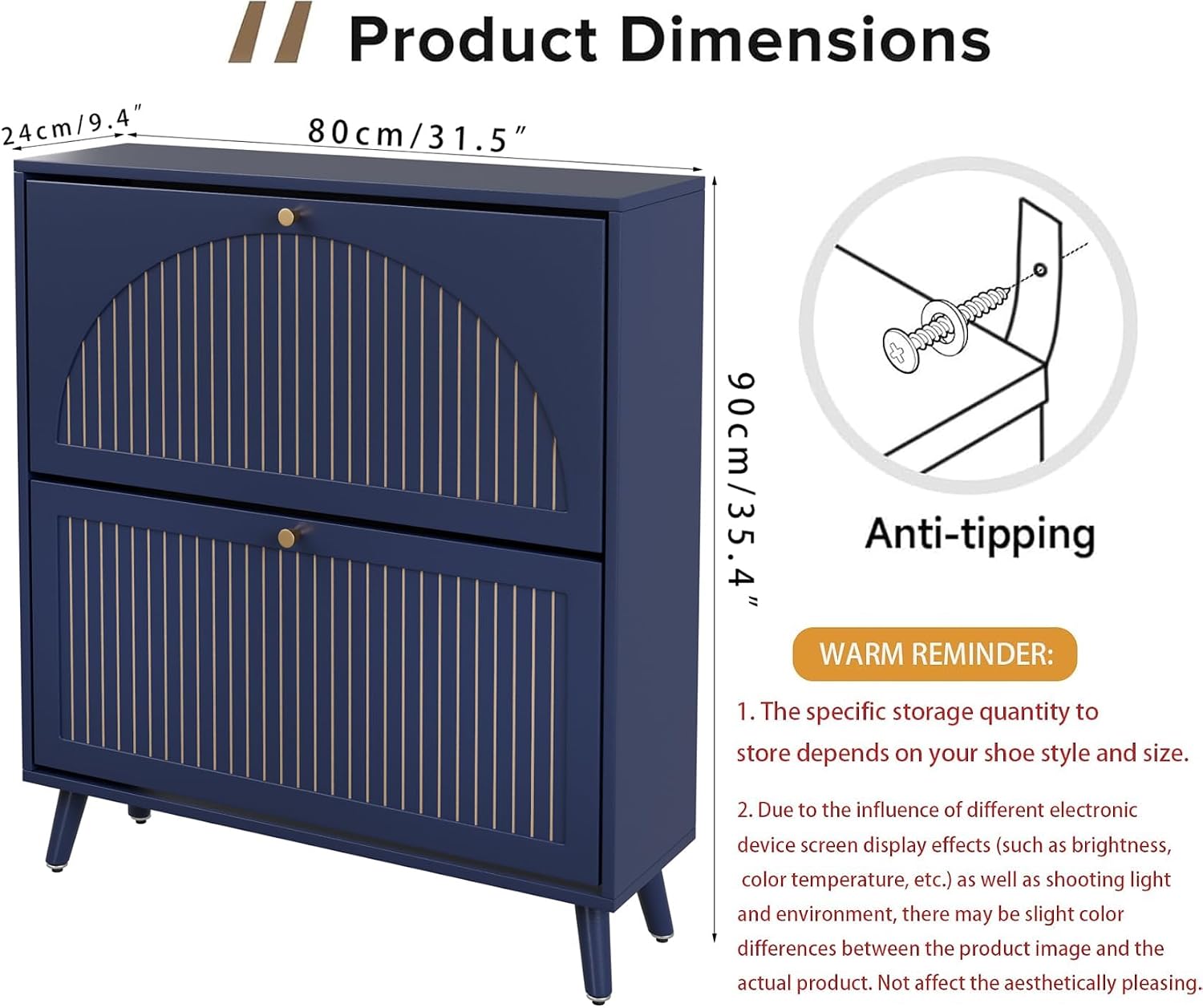 Navy Blue Shoe Cabinet with 2 Flip Drawers
