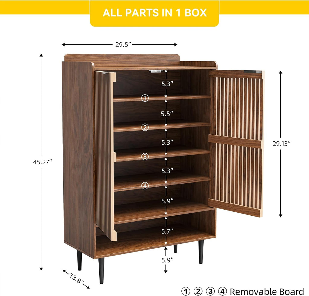 Walnut Shoe Cabinet with 2 Doors, Holds 21 Pairs