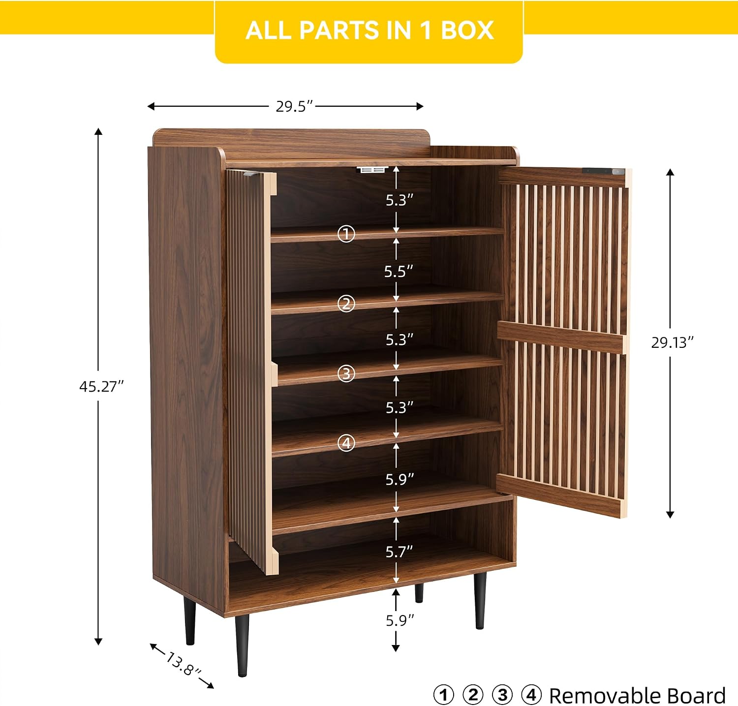 Walnut Shoe Cabinet with 2 Doors, Holds 21 Pairs