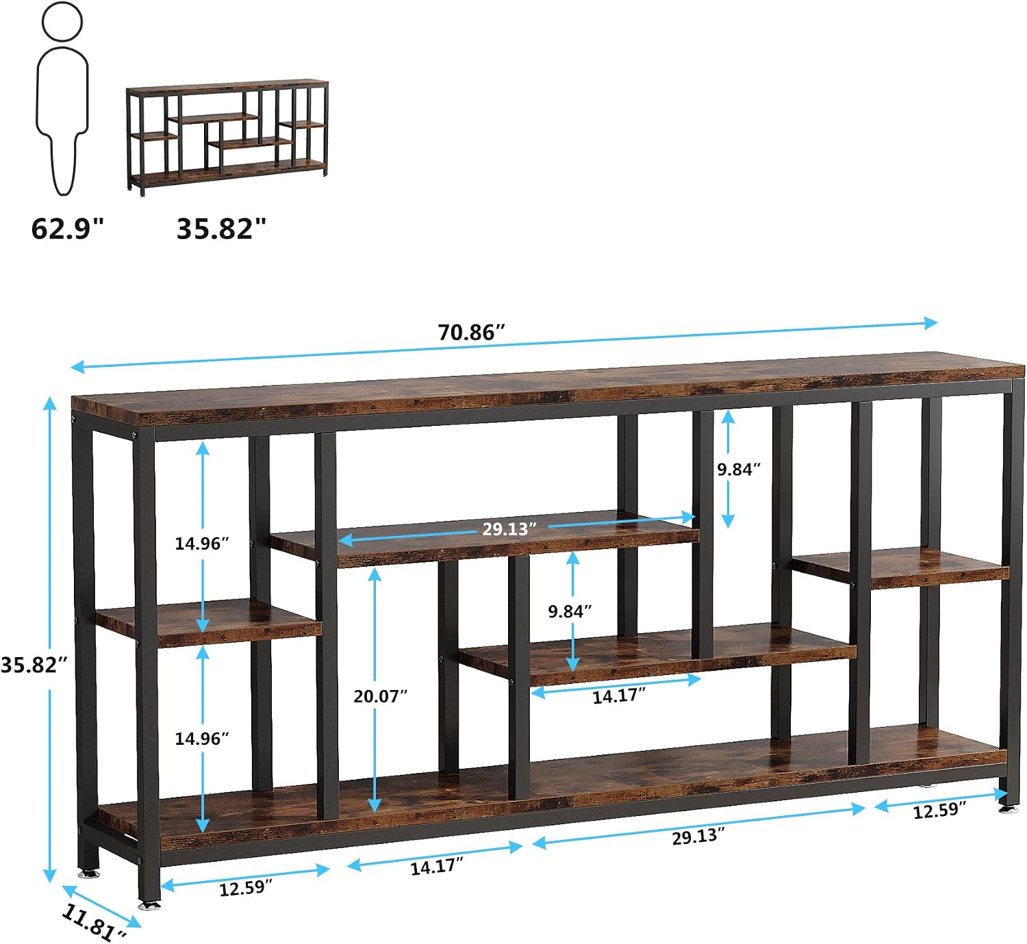 70.9" Rustic Brown 3-Tier Console Table