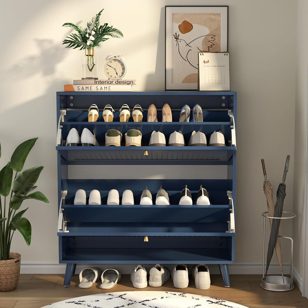 Navy Blue Shoe Cabinet with 2 Flip Drawers