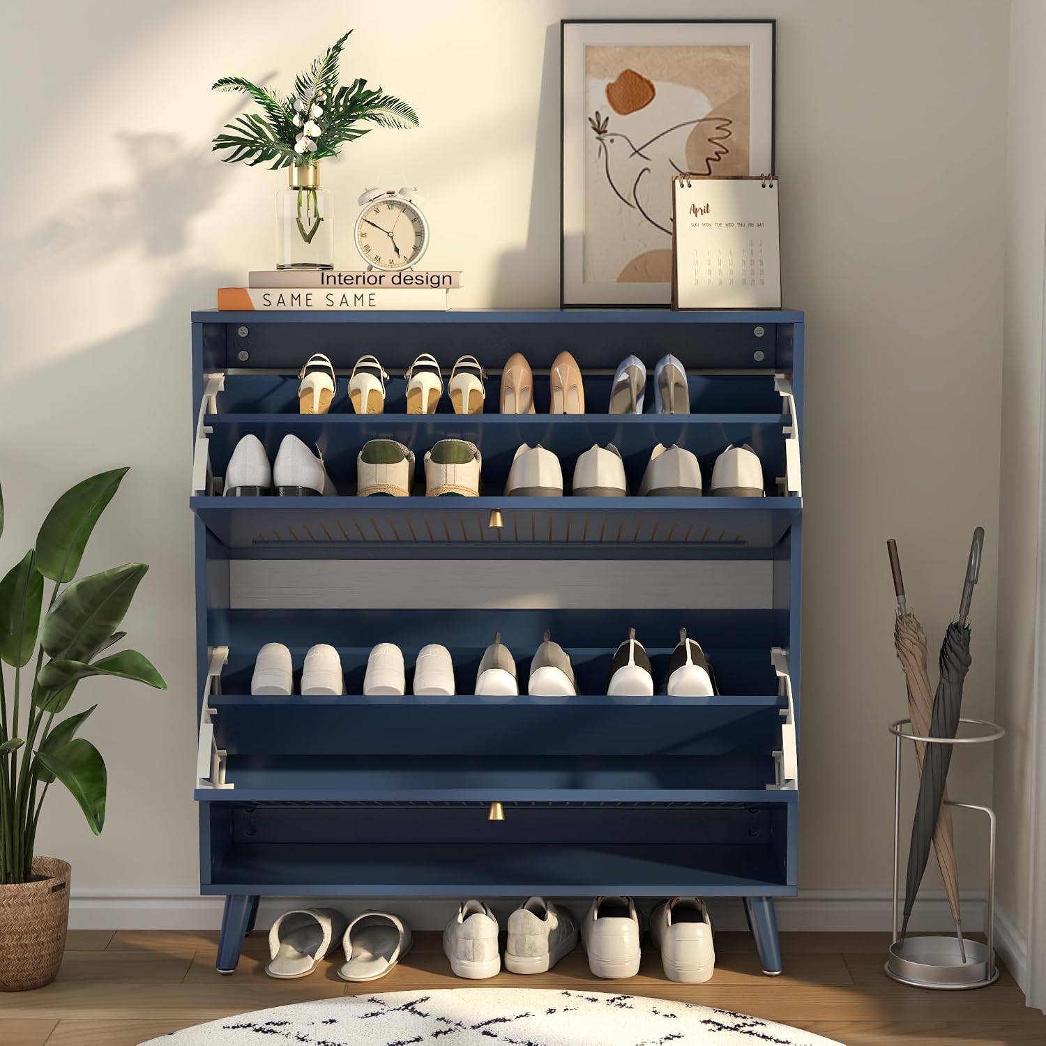 Navy Blue Shoe Cabinet with 2 Flip Drawers