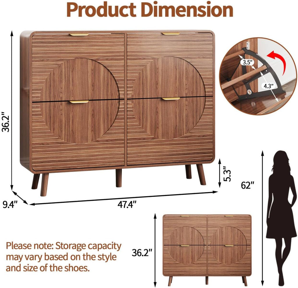 Walnut Fluted Shoe Cabinet with 4 Flip Drawers