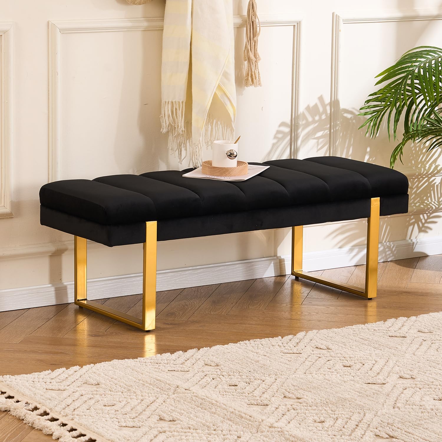46" Black Velvet Bench with Gold Legs