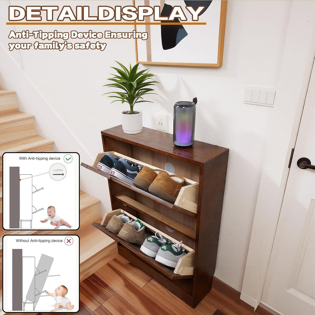 Walnut Fluted Shoe Cabinet with 2 Flip Drawers