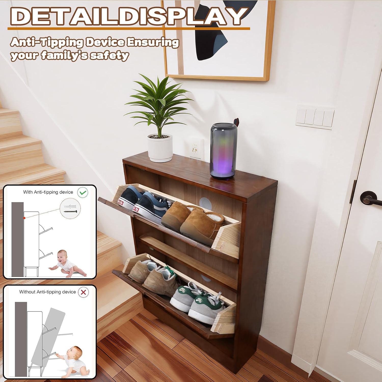 Walnut Fluted Shoe Cabinet with 2 Flip Drawers