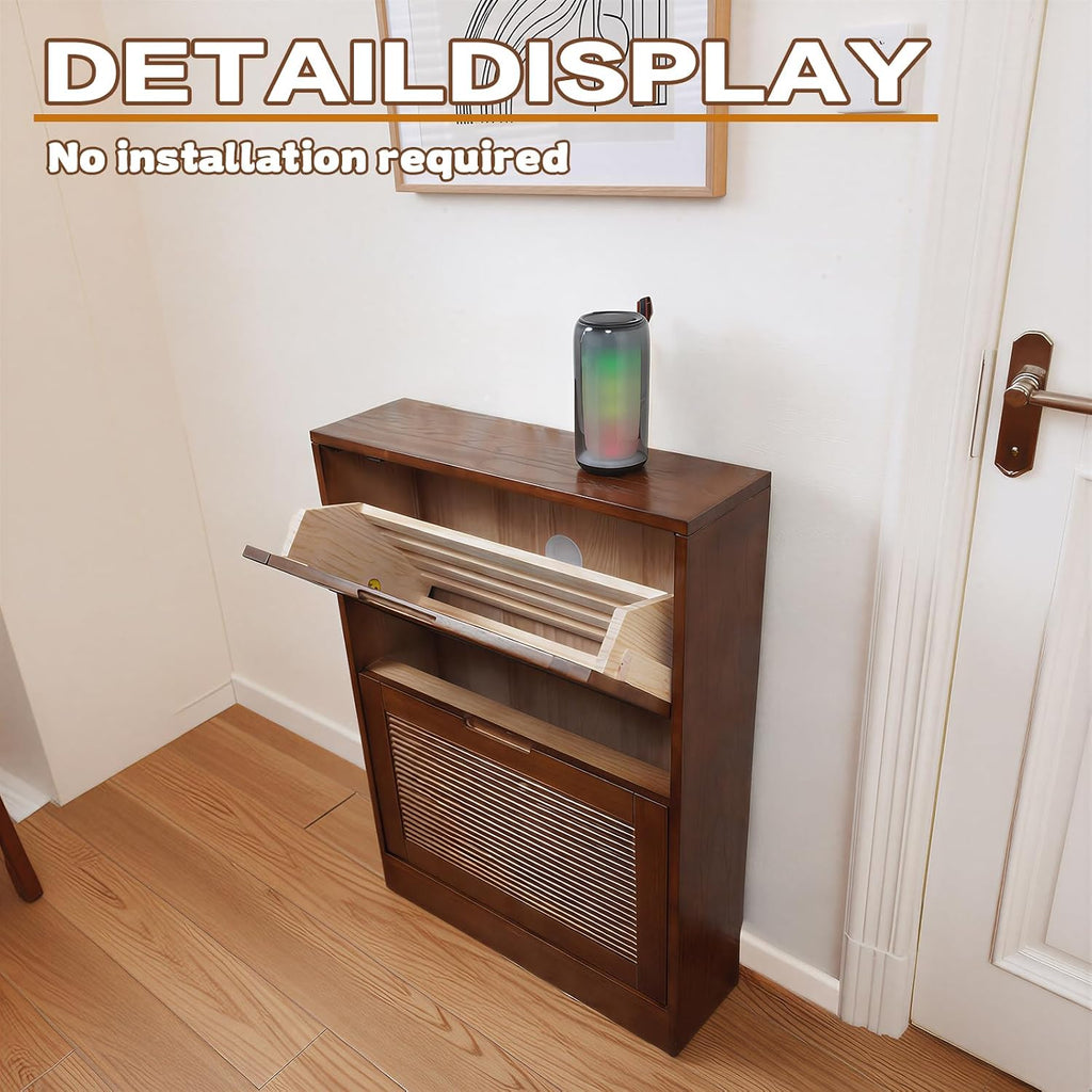 Walnut Fluted Shoe Cabinet with 2 Flip Drawers