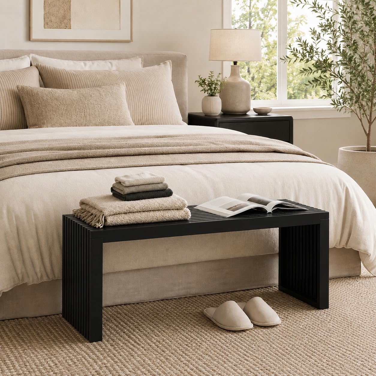 35" Black Bamboo Slatted Dining Bench