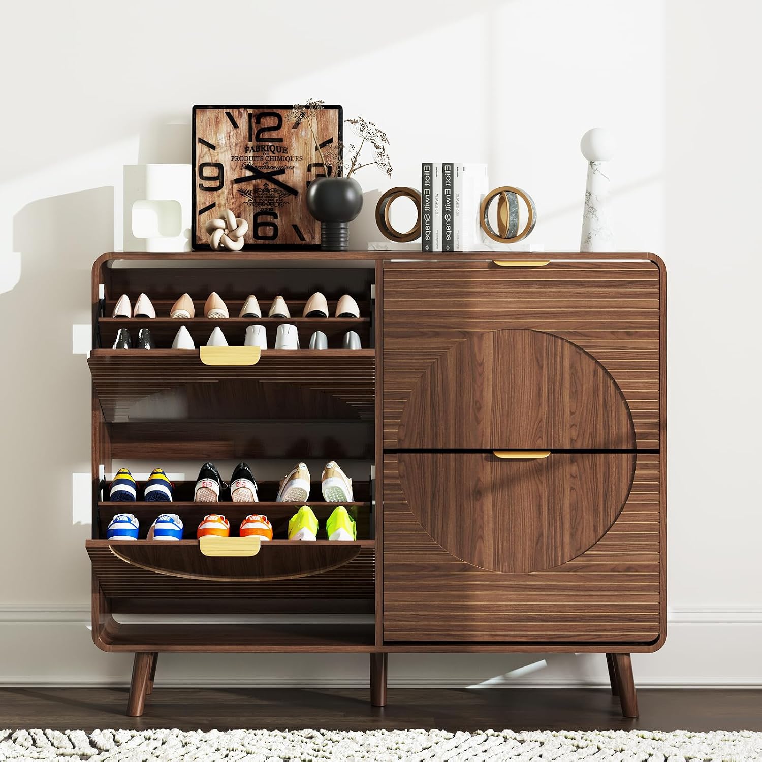 Walnut Fluted Shoe Cabinet with 4 Flip Drawers