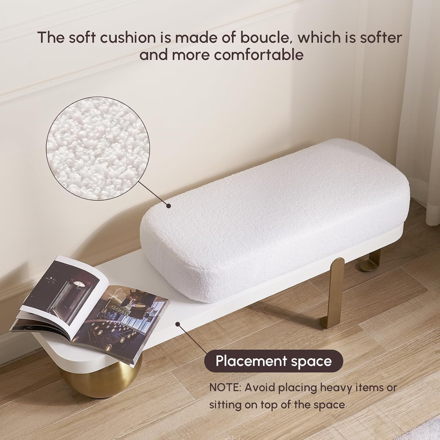 47.2" Boucle Bench with Abstract Metal Legs