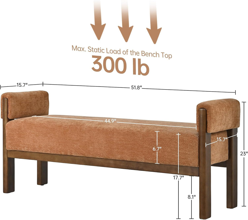 51.8" Orange Upholstered Bench with Arms