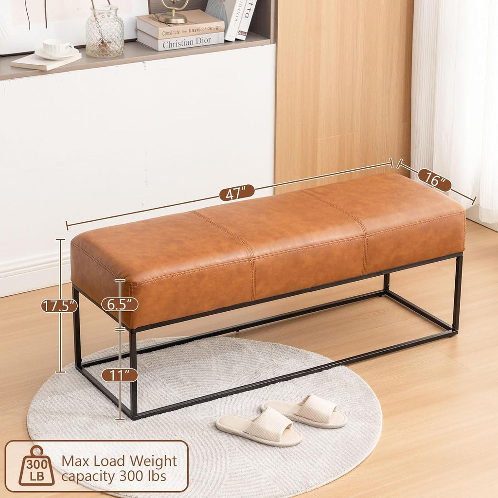 47" Vintage Brown Faux Leather Bench with Metal Frame