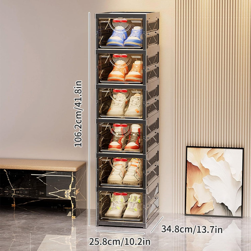 Foldable Stackable Black Shoe Storage Boxes, 6 Pack