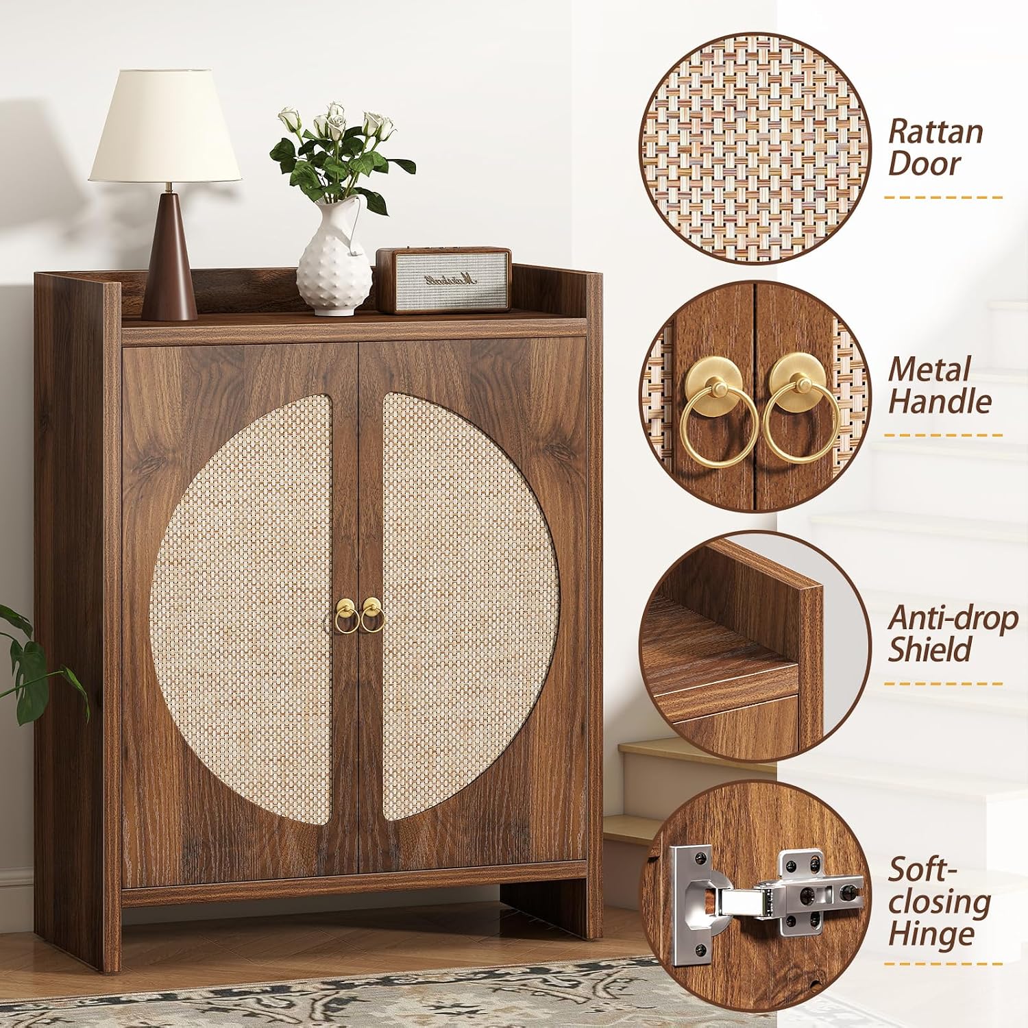 Rattan Shoe Cabinet, Adjustable Shelves & Doors
