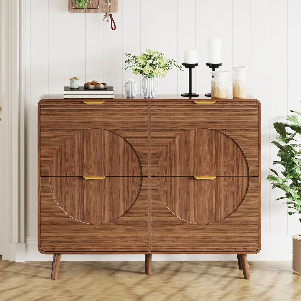 Walnut Fluted Shoe Cabinet with 4 Flip Drawers