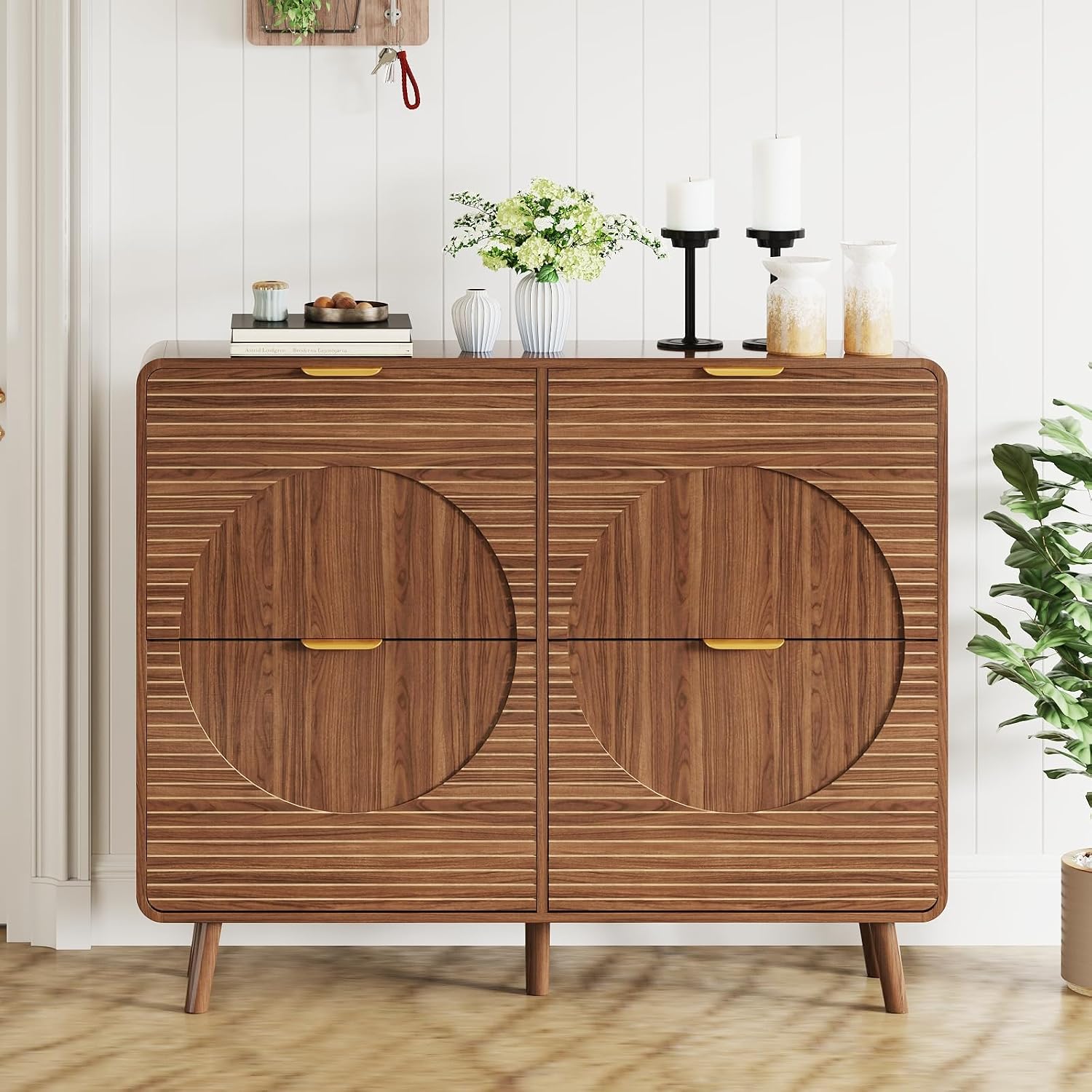 Walnut Fluted Shoe Cabinet with 4 Flip Drawers