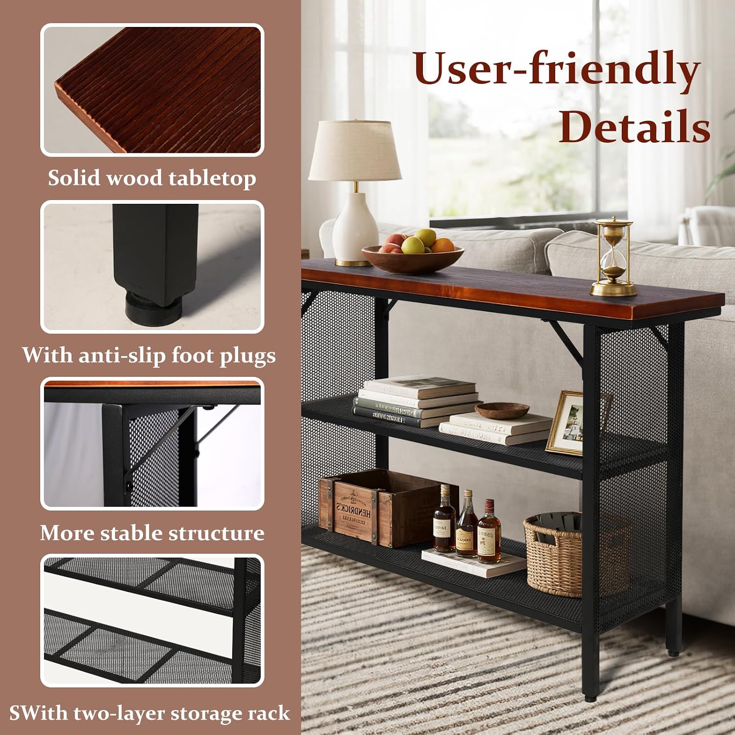 47.2" Industrial Console Table Wood Top Black Frame
