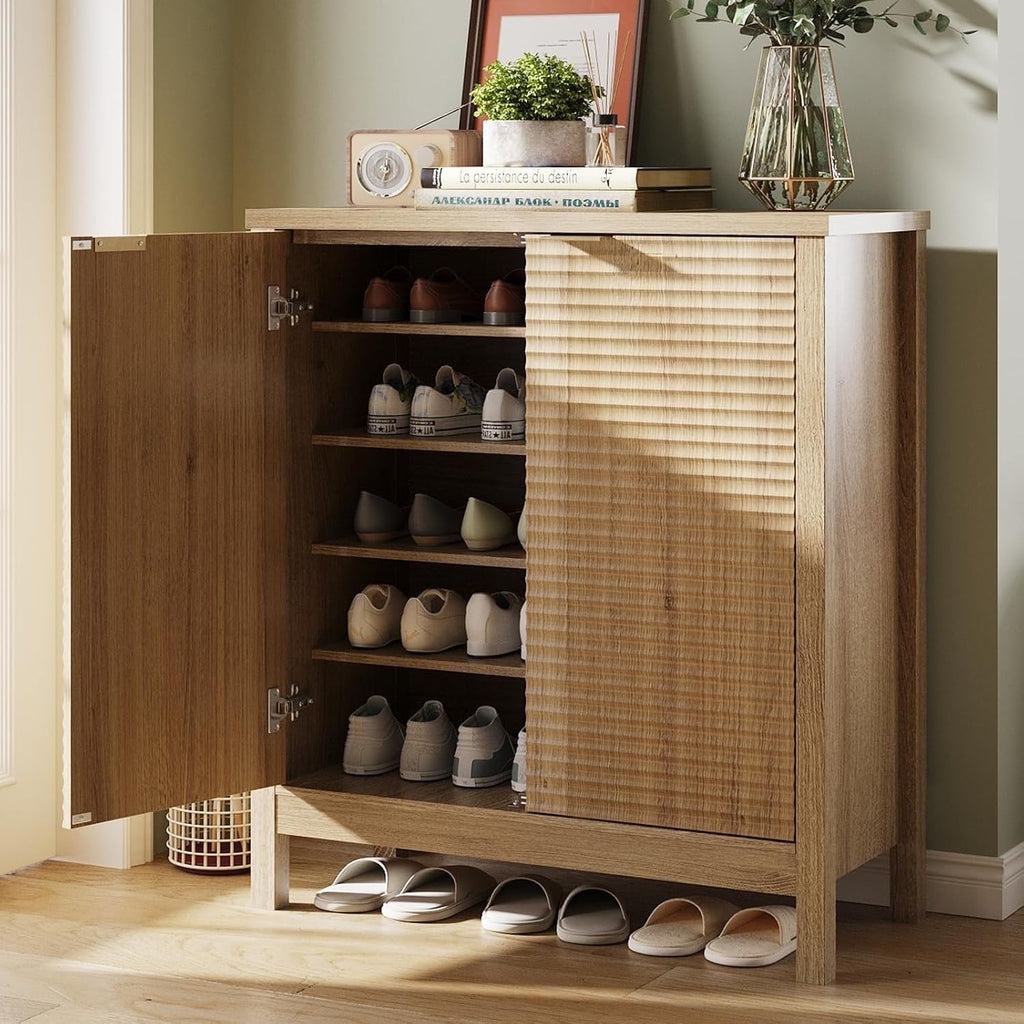 5-Tier Natural Oak Fluted Shoe Cabinet