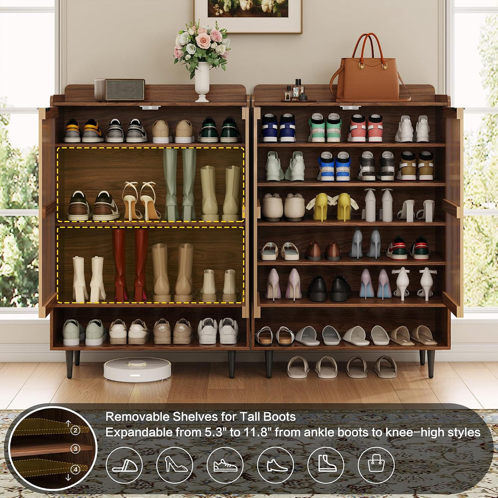 Walnut Shoe Cabinet with 2 Doors, Holds 21 Pairs