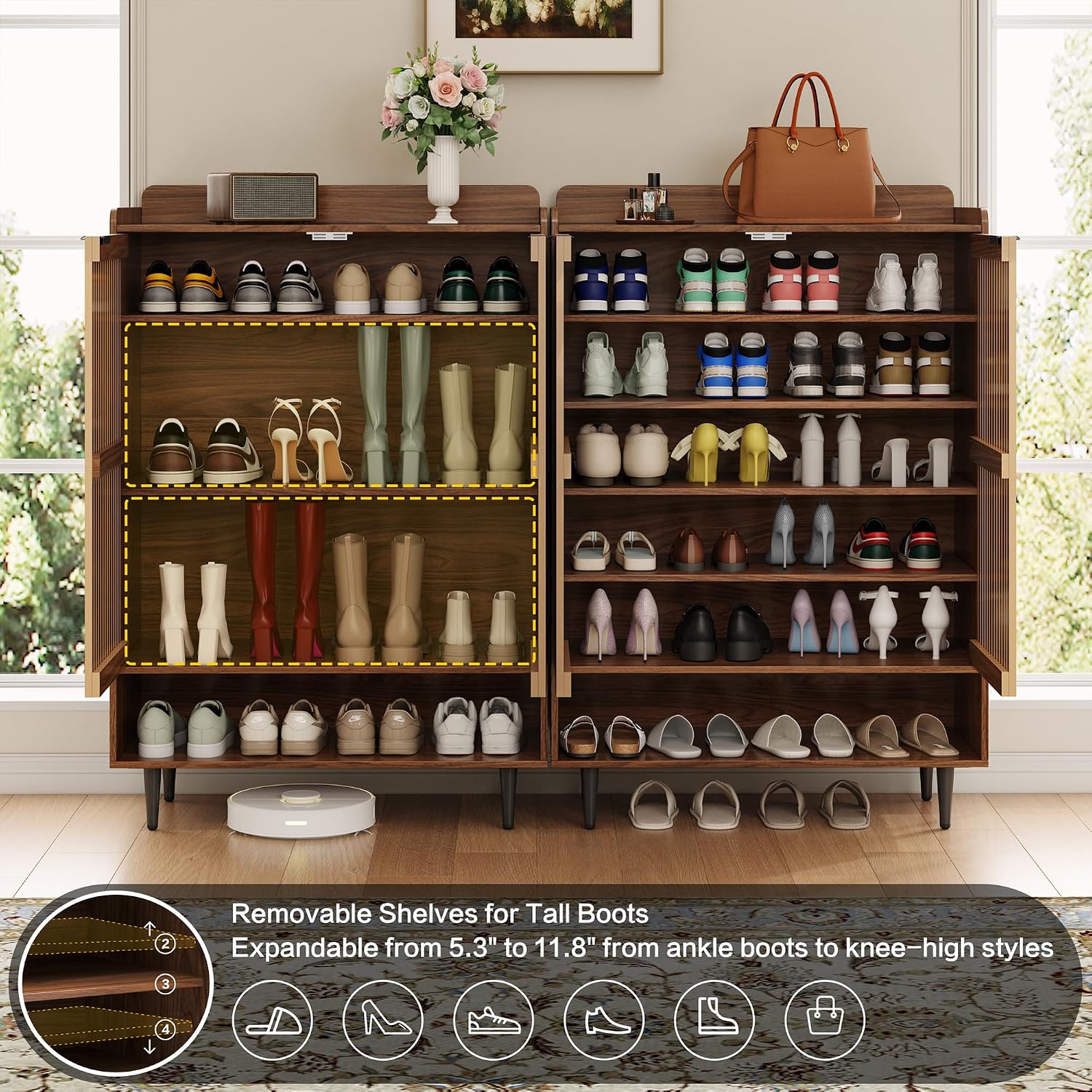 Walnut Shoe Cabinet with 2 Doors, Holds 21 Pairs