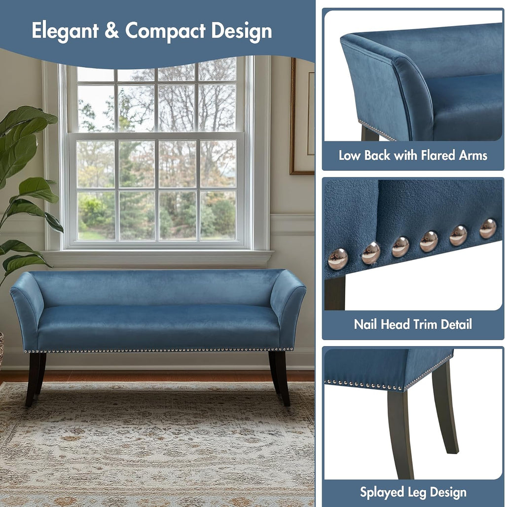 Park Blue Nailhead Trim Bench with Back, 49.5"W