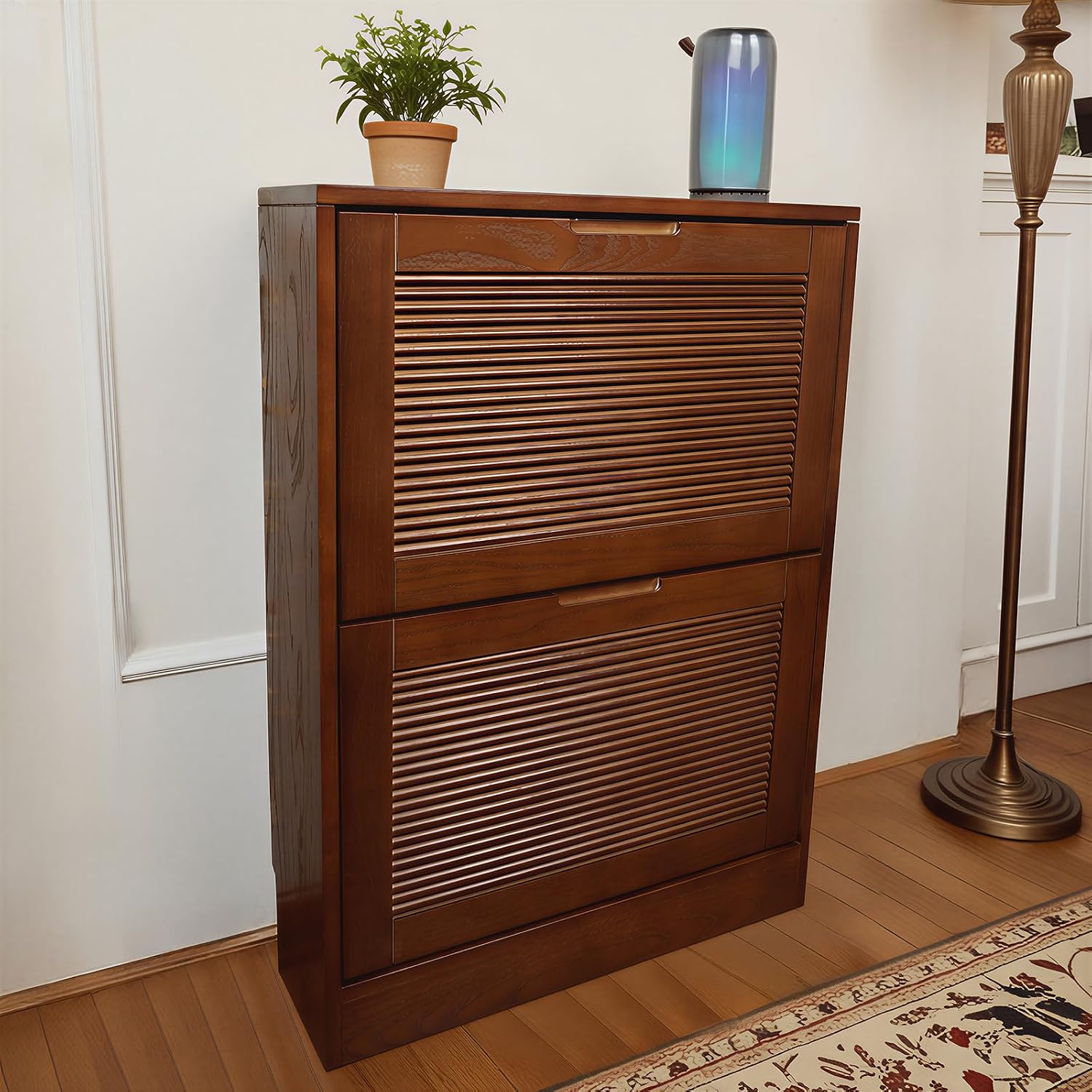 Walnut Fluted Shoe Cabinet with 2 Flip Drawers