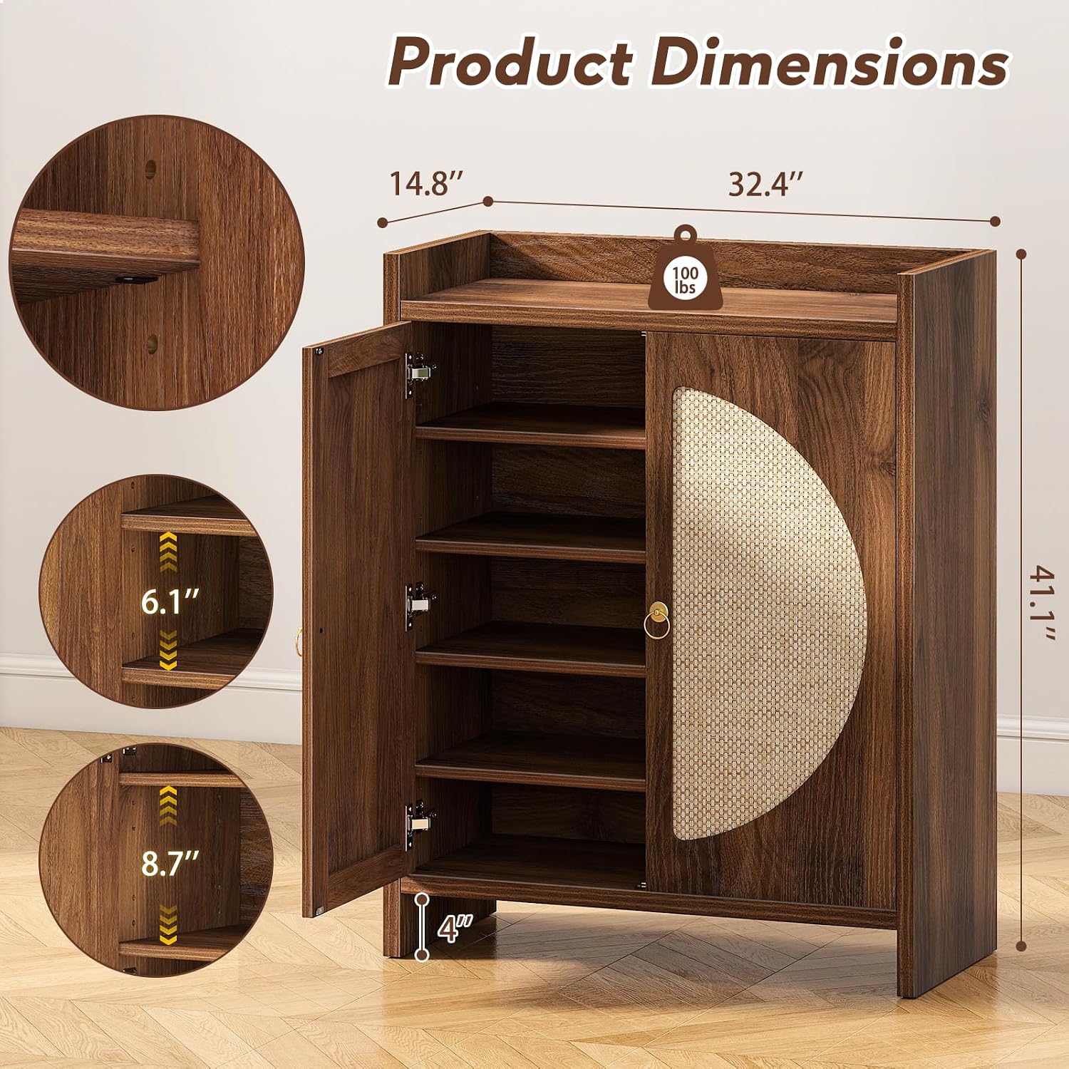Rattan Shoe Cabinet, Adjustable Shelves & Doors