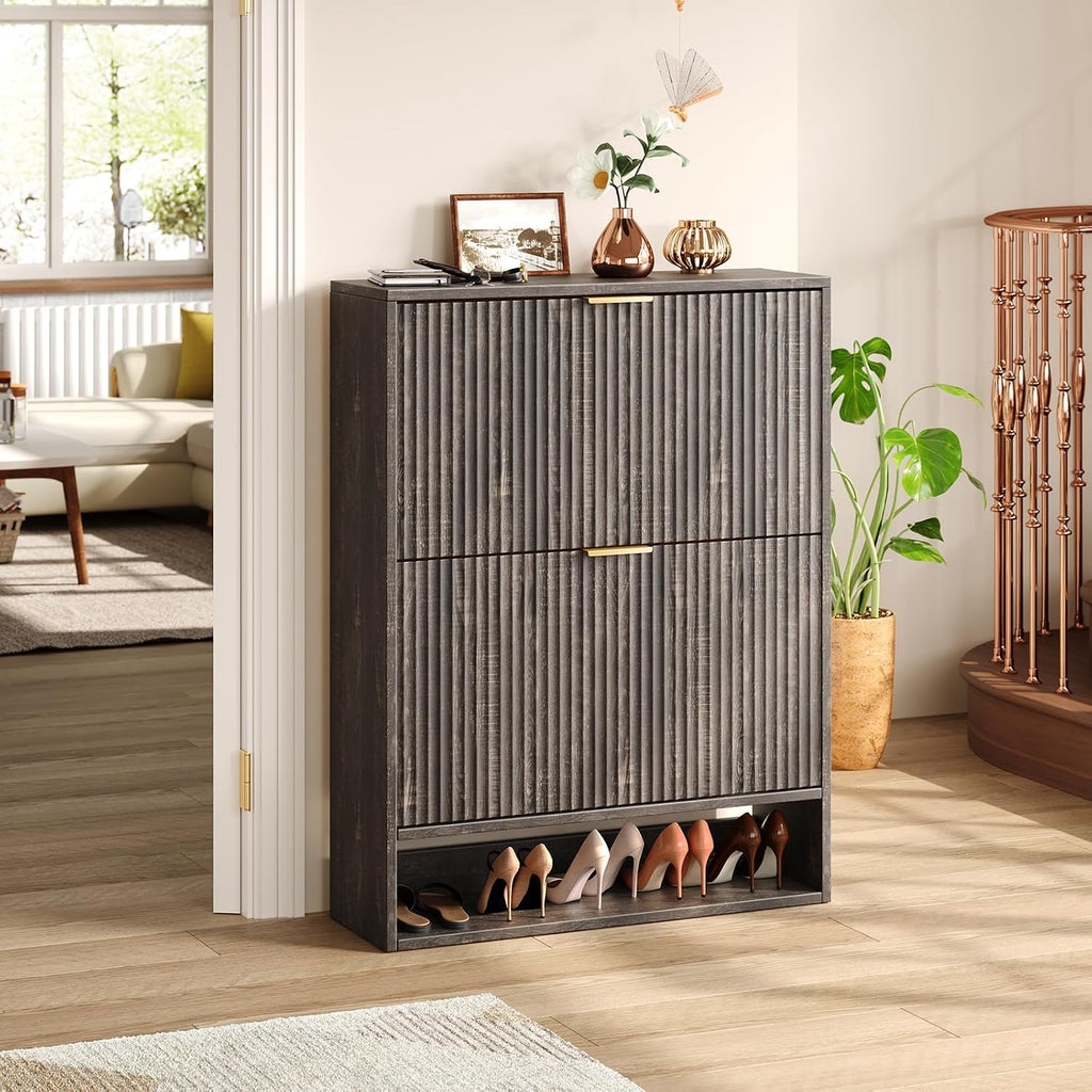 31.5" Black Fluted Shoe Cabinet, 2 Flip Drawers