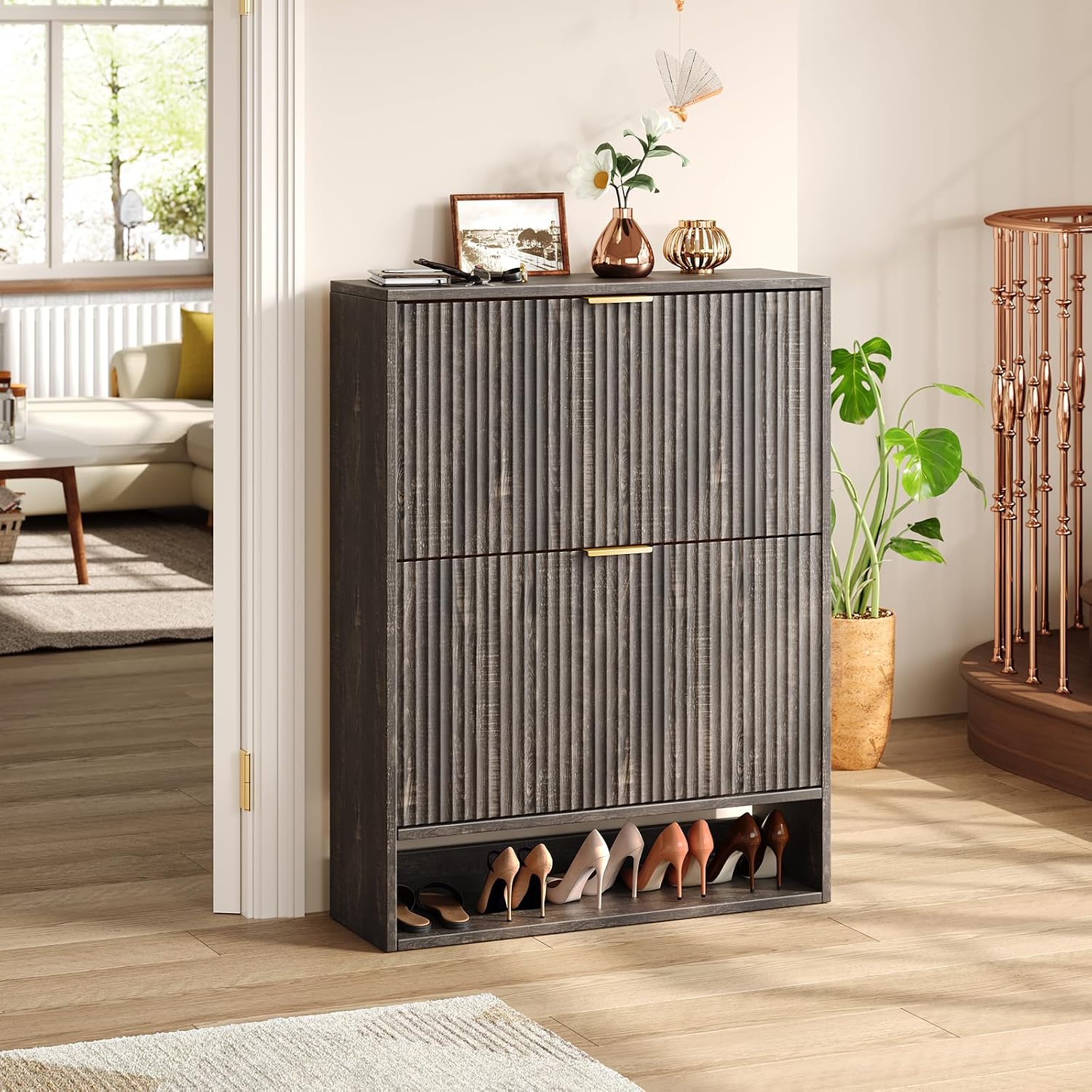 31.5" Black Fluted Shoe Cabinet, 2 Flip Drawers
