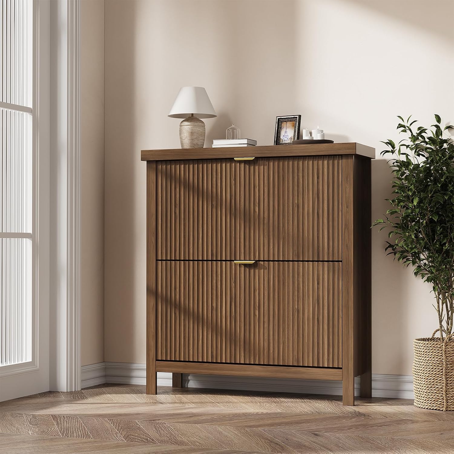Fluted Shoe Cabinet with 2 Flip Drawers