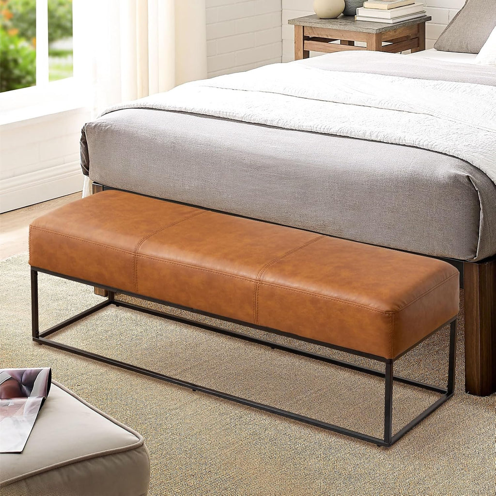 47" Vintage Brown Faux Leather Bench with Metal Frame