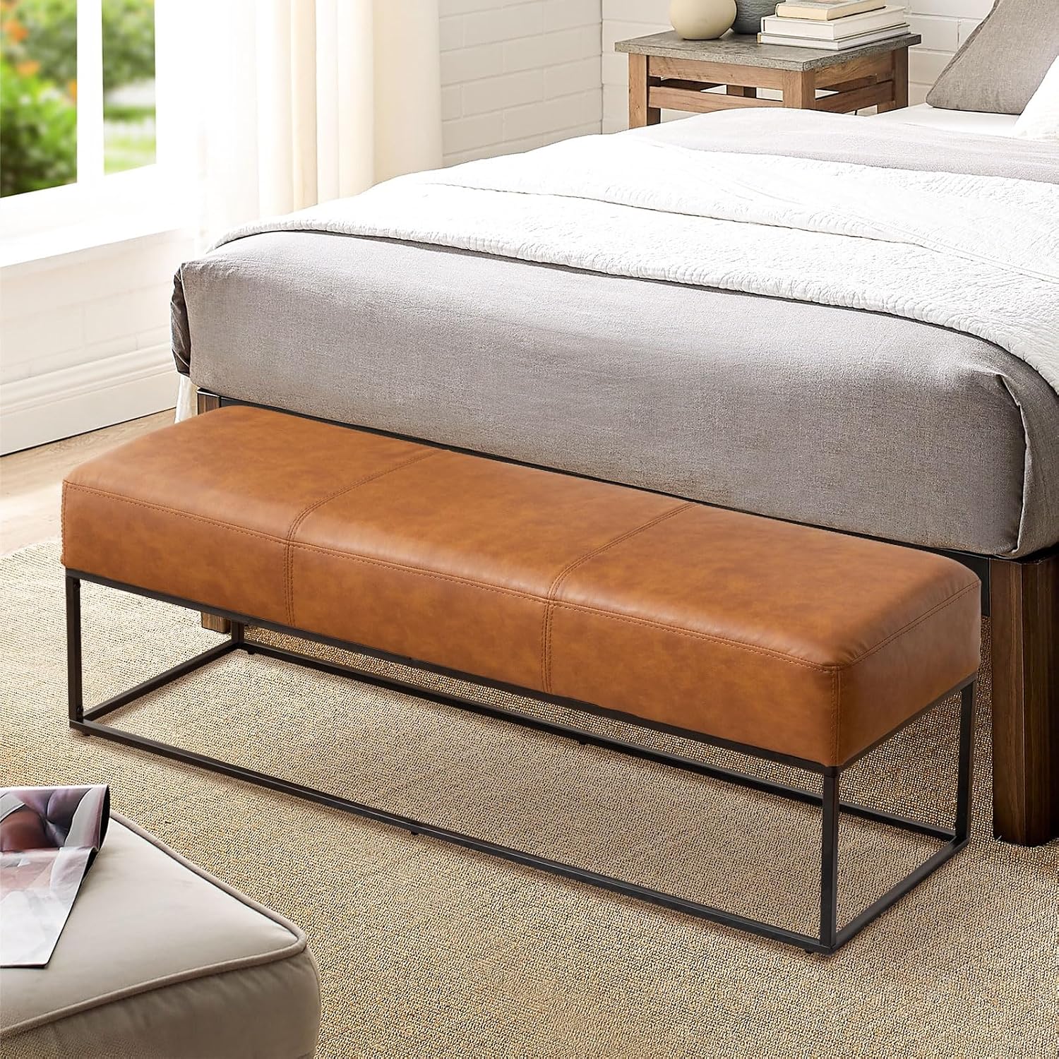 47" Vintage Brown Faux Leather Bench with Metal Frame