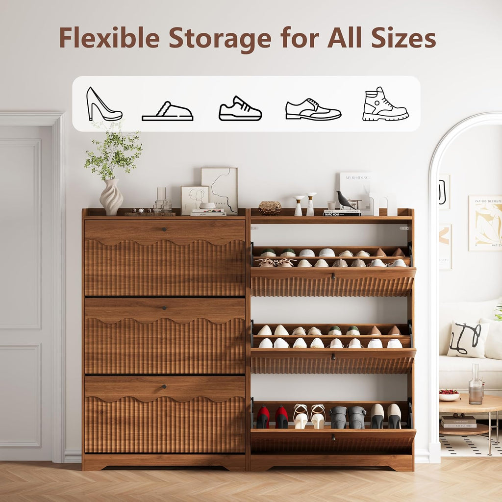 Walnut Shoe Cabinet with 3 Flip Drawers
