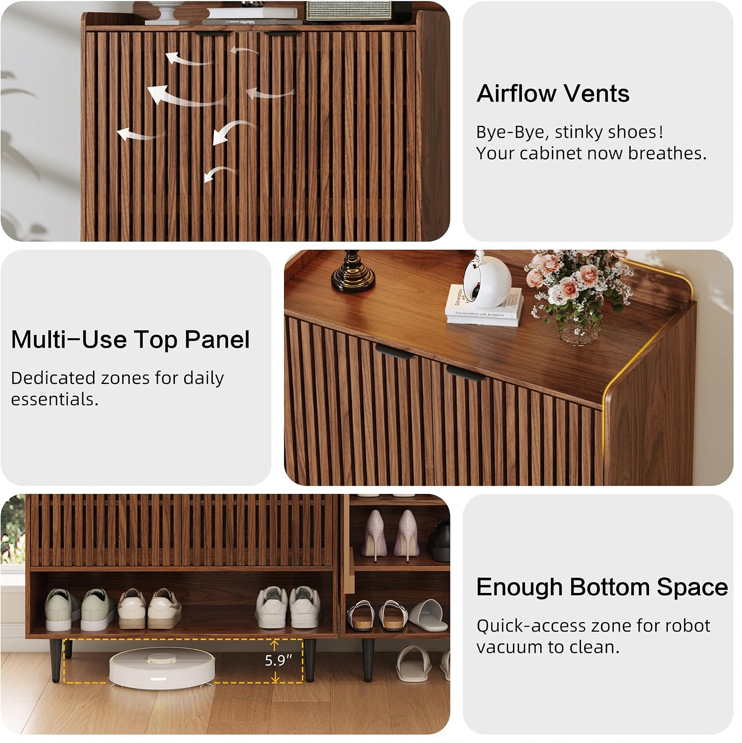 Walnut Shoe Cabinet with 2 Doors, Holds 21 Pairs