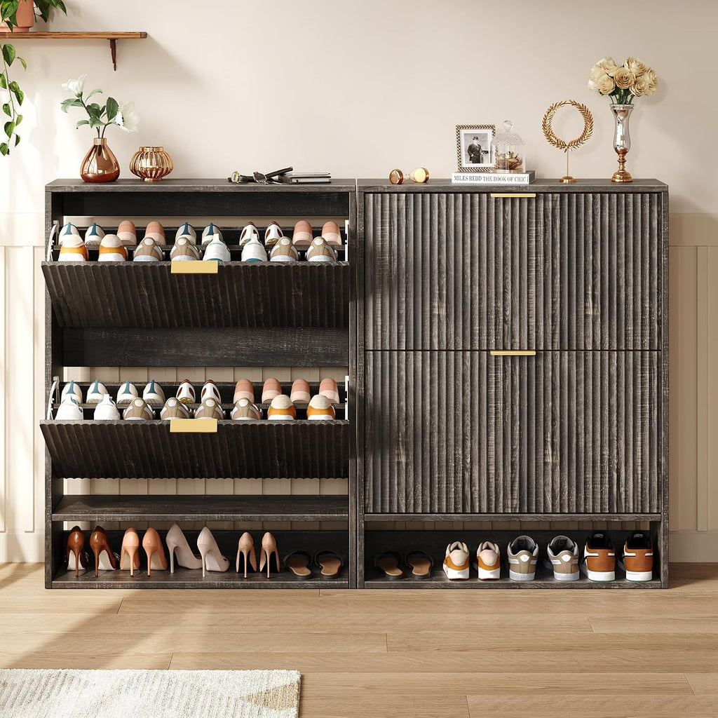 31.5" Black Fluted Shoe Cabinet, 2 Flip Drawers