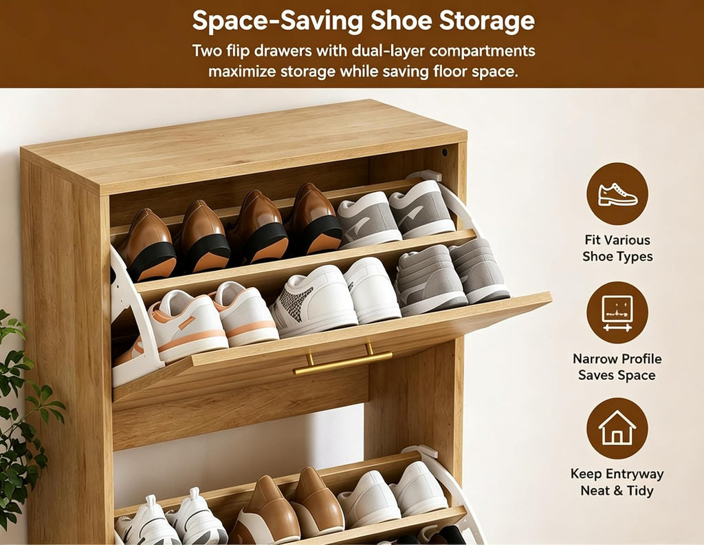 23.6" Mid-Century Shoe Cabinet with 2 Flip Drawers