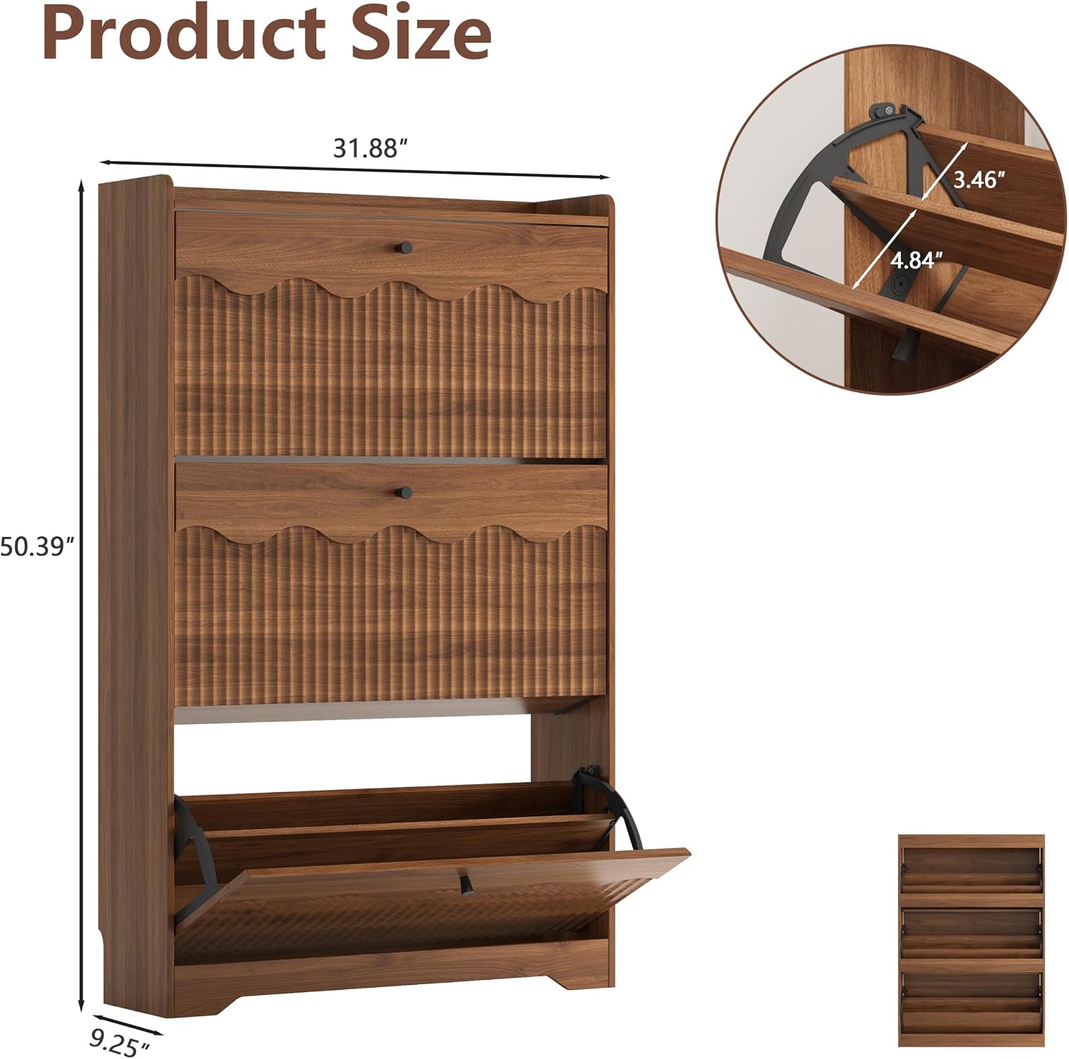 Walnut Shoe Cabinet with 3 Flip Drawers