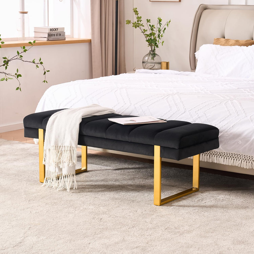 46" Black Velvet Bench with Gold Legs