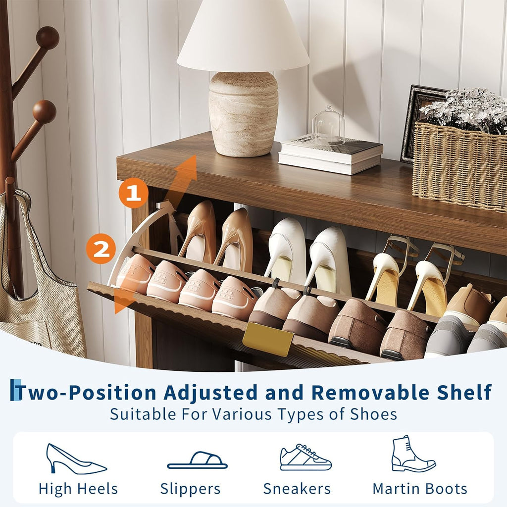 Fluted Shoe Cabinet with 2 Flip Drawers