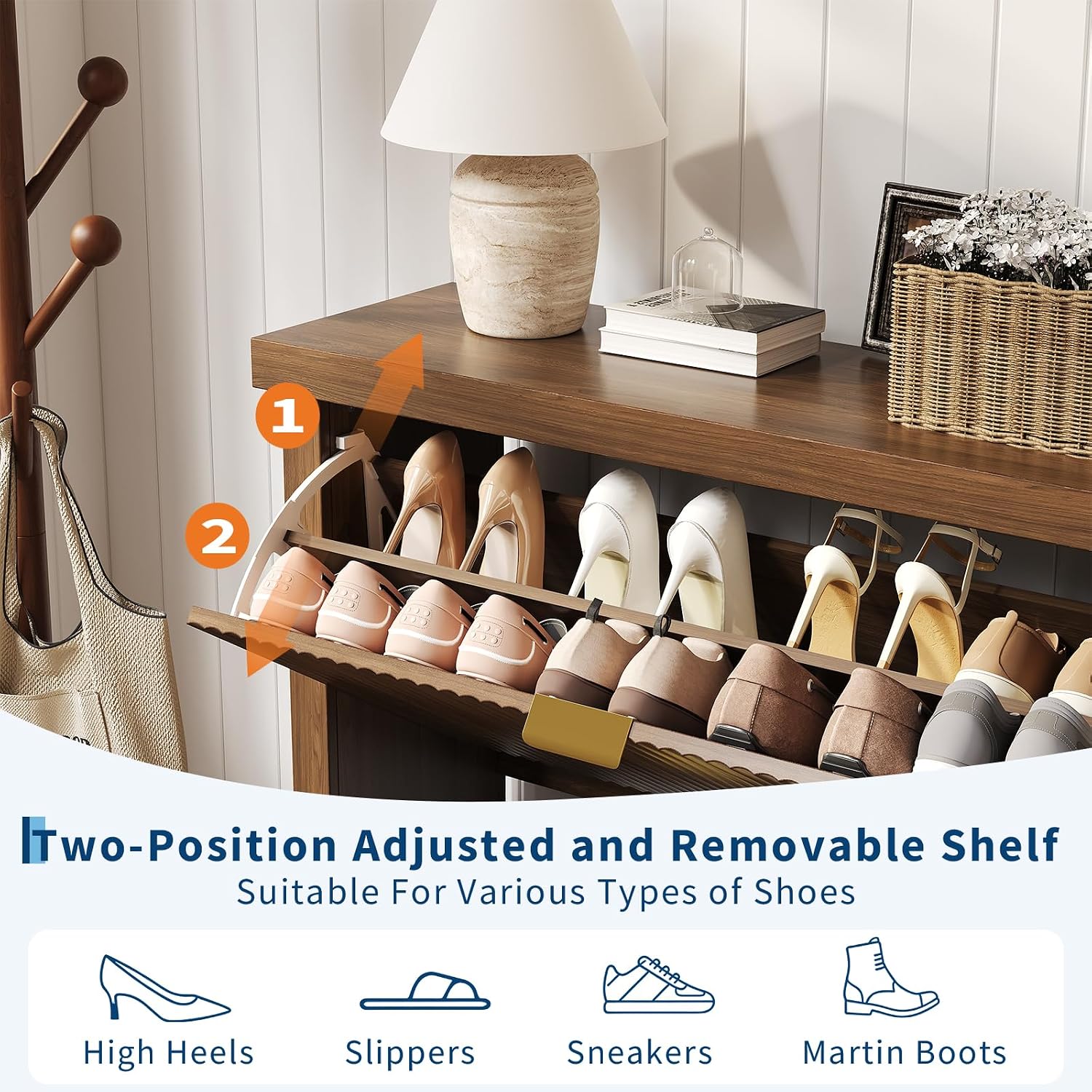 Fluted Shoe Cabinet with 2 Flip Drawers