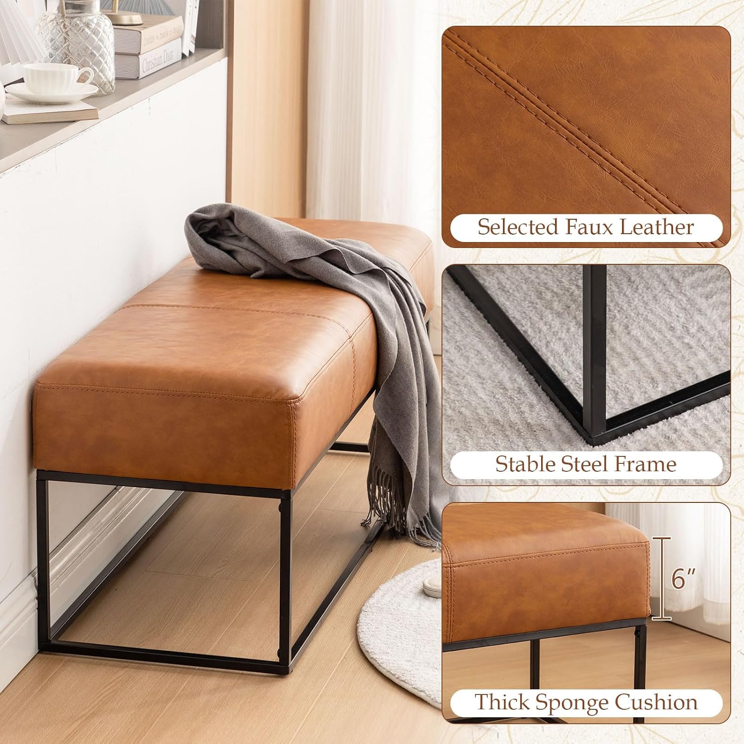 47" Vintage Brown Faux Leather Bench with Metal Frame